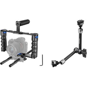 NEEWER Aluminum Alloy Camera Cage, Filmmaking Rig with Top Handle, Dual Grips & Arca Type Base, 11" Articulating Magic Arm with 360° Ball Heads & Locating Pins for ARRI Included