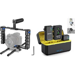 NEEWER Aluminum Alloy Camera Cage, Filmmaking Rig with Top Handle, Dual Grips & Arca Type Base, CM28 Max Wireless Lavalier Microphone System with Charging Case Included