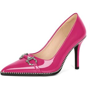 Soireelady Womens High Heel Beaded Pumps Closed Pointed Toe Stiletto Heels Buckle Bow Slip On Fashion Dress Shoes Patent 3.5 Inch