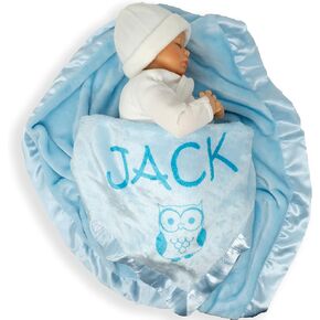 Custom Catch Personalized Owl Baby Blanket Gift for Boy - Infant or Newborn Name (2 Lines of Text)