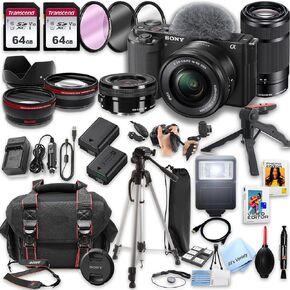 Sony ZV-E10 Mirrorless Camera with16-50mm & 55-210mm Zoom Lenses + 128GB Memory, Spare Battery, Filters,Case, Tripod, Flash, and More (39pc Bundle) (Renewed)