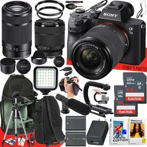 كاميرا Sony A7 III بدون مرآة مع Sony Fe 28-70mm F/3.5-5.6 OSS و E 55-210mm F/4.5-6.3 OSS Lens + 2PC 64 GB Memory + Video LED LID + MIC + More (35pc Bundle) (READED)