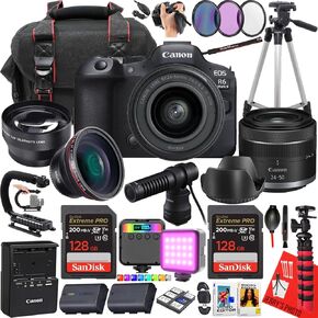Canon EOS R6 Mark II Mirrorless Camera with Canon RF 24-50mm f/4.5-6.3 is STM Lens + 2pc 128 GB Memory + Canon DM-E100 Microphone + LED Light + More (27pc Bundle) (Renewed)