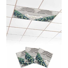 3 Pack Fluorescent Light Cover for Ceiling Lights, Peacock Elegant Magnetic Classroom Light Filters 4x2 Feet, Watercolor Feather Retro Attic Flower Decorative Ceiling Shade Panel for Office