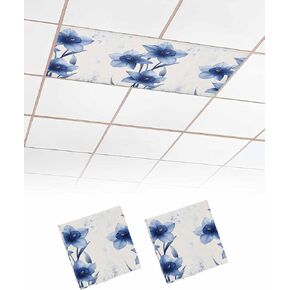 2 Pack Fluorescent Light Cover for Ceiling Lights, Blue Spring Floral Magnetic Classroom Light Filters 4x2 Feet, Summer Botanical Wildflower Garden Decorative Ceiling Shade Panel for Office