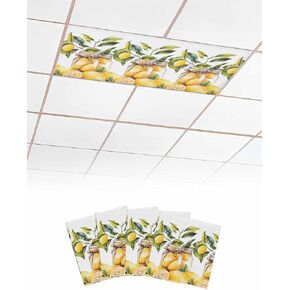 2 Pack Fluorescent Light Cover for Ceiling Lights, Summer Lemon Magnetic Classroom Light Filters 4x2 Feet, Modern Watercolor Green Leaf Vase Decorative Ceiling Shade Panel for Office