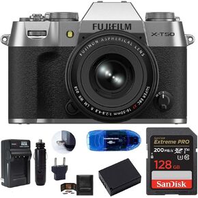 FUJIFILM X-T50 Mirrorless Camera with XF 16-50mm Lens (Silver) Bundle, Includes: SanDisk 128GB Extreme PRO Memory Card, Spare Battery and More (6 Items)