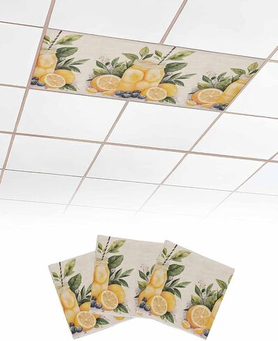 4 Pack Fluorescent Light Cover for Ceiling Lights, Summer Lemon Magnetic Classroom Light Filters 4x2 Feet, Yellow Fruits Grape Green Leaf Vase Decorative Ceiling Shade Panel for Office in Saudi Arabia
