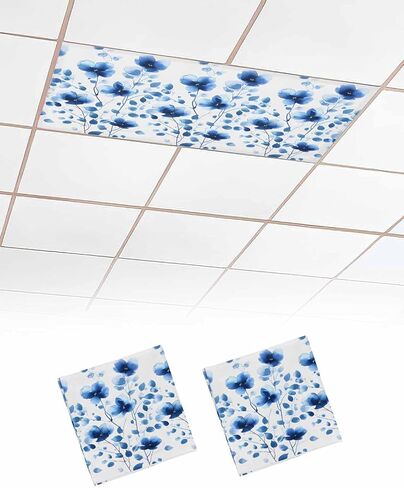 2 Pack Fluorescent Light Cover for Ceiling Lights, Seasonal Botanical Blooms Magnetic Classroom Light Filters 4x2 Feet, Blue Floral Watercolor Decorative Ceiling Shade Panel for Office in Saudi Arabia