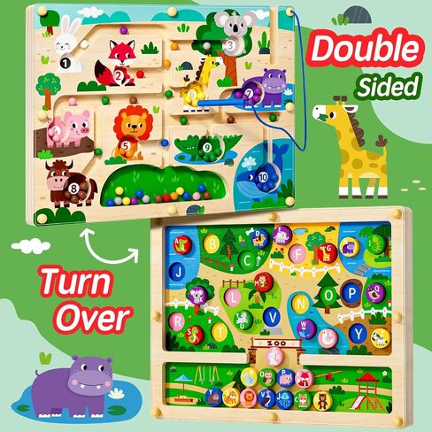 Magnetic Maze 2 in 1 Double Side Color and Number Maze Alphabet Puzzle Board for 3-5 Boys and Girls Kids Montessori Educational Toys (Zoo, One Size) in Saudi Arabia