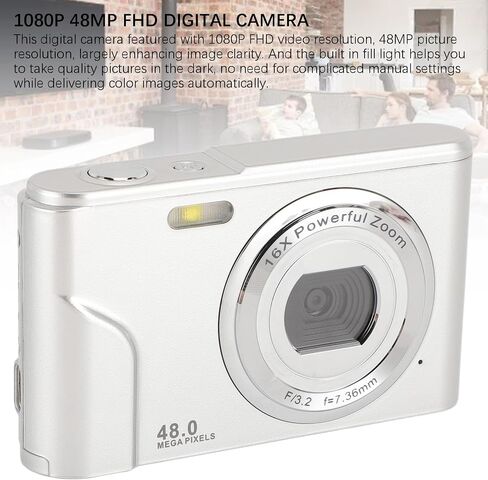 1080P Digital Camera for Kids Adults, 48MP Vlogging Camera with 16X Digital Zoom, Compact Point and Shoot Camera Anti Shake (Silver) in Saudi Arabia