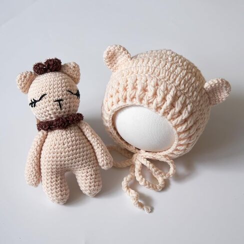 Zeroest Newborn Photography Outfits Boy Girl Bear Props Baby Photoshoot Crochet Bonnet Stuffed Animals for Newborn Photo in Saudi Arabia