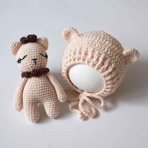 Zeroest Newborn Photography Outfits Boy Girl Bear Props Baby Photoshoot Crochet Bonnet Stuffed Animals for Newborn Photo in Saudi Arabia