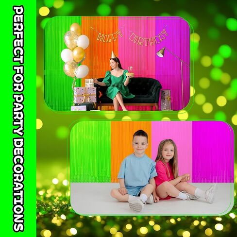 4 Pack Glow in The Dark Curtains Party Supplies 6.6 x 3.3 Ft Glow Tinsel Foil Fringe Curtains Colorful Photo Booth Prop Backdrop Streamer for Birthday Holiday Neon Party Decorations in Saudi Arabia