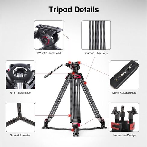 miliboo MTT609B Carbon Fiber Tripod Professional Tripods with Infinitely Damped Head,Video Tripod for Photography, Live Streaming, Videography,Working Height 33.5''-66'',33lbs Max Load,Customizable in Saudi Arabia
