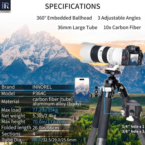 INNOREL P404C 72" Carbon Fiber Tripod for Hunting with Arca Swiss Dovetail Mount and 360° Ballhead(2.5"), 40mm Tube Tripods with Heavy Duty Construction for Photography and Outdoors, Load 88lb/40kg in Saudi Arabia