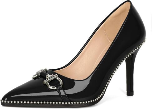 Soireelady Womens High Heel Beaded Pumps Closed Pointed Toe Stiletto Heels Buckle Bow Slip On Fashion Dress Shoes Patent 3.5 Inch in Saudi Arabia