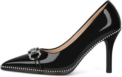Soireelady Womens High Heel Beaded Pumps Closed Pointed Toe Stiletto Heels Buckle Bow Slip On Fashion Dress Shoes Patent 3.5 Inch in Saudi Arabia