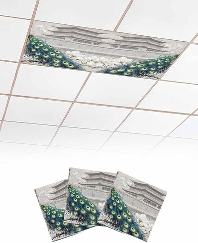 3 Pack Fluorescent Light Cover for Ceiling Lights, Peacock Elegant Magnetic Classroom Light Filters 4x2 Feet, Watercolor Feather Retro Attic Flower Decorative Ceiling Shade Panel for Office in Saudi Arabia