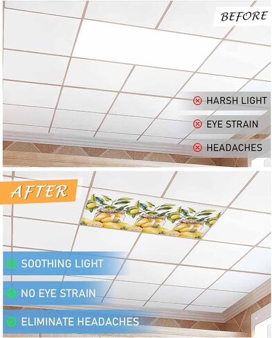 2 Pack Fluorescent Light Cover for Ceiling Lights, Summer Lemon Magnetic Classroom Light Filters 4x2 Feet, Modern Watercolor Green Leaf Vase Decorative Ceiling Shade Panel for Office in Saudi Arabia