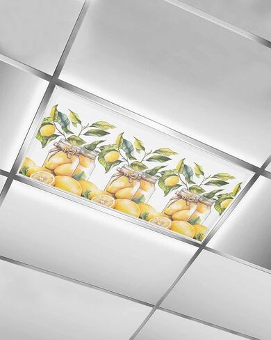 2 Pack Fluorescent Light Cover for Ceiling Lights, Summer Lemon Magnetic Classroom Light Filters 4x2 Feet, Modern Watercolor Green Leaf Vase Decorative Ceiling Shade Panel for Office in Saudi Arabia