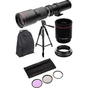 عدسة تليفوتوغرافية يدوي عالية الطاقة 500 مم/1000 مم F/8 + 60 "Tripod + Filter Kit + Backpack لـ Sony A7R و A7S و A7 و A6500 و A6300 و A6000 و A5100 و A5000 و A3000 و Nex-7 وغيرها من المرآة الرقمية الإلكترونية الإلكترونية