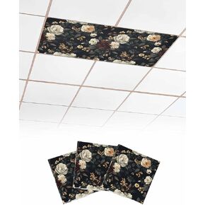 3 Pack Fluorescent Light Cover for Ceiling Lights, Vintage Black Floral Magnetic Classroom Light Filters 4x2 Feet, Spring Seasonal Botanical Blooms Decorative Ceiling Shade Panel for Office
