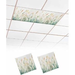 2 Pack Fluorescent Light Cover for Ceiling Lights, Spring Green Leaf Magnetic Classroom Light Filters 4x2 Feet, Botanical Retro Oil Painting Plant Decorative Ceiling Shade Panel for Office