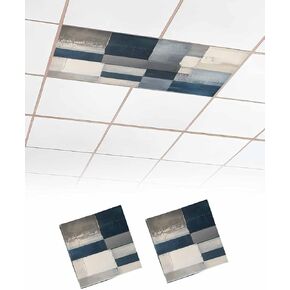 2 Pack Fluorescent Light Cover for Ceiling Lights, Blue Beige Geometric Magnetic Classroom Light Filters 4x2 Feet, Vintage Farmhouse Ombre Painting Decorative Ceiling Shade Panel for Office