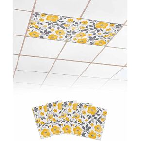 2 Pack Fluorescent Light Cover for Ceiling Lights, Yellow Grey Spring Floral Magnetic Classroom Light Filters 4x2 Feet, Summer Botanical Elegant Decorative Ceiling Shade Panel for Office