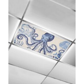 1 Pack Fluorescent Light Cover for Ceiling Lights, Navy Blue Octopus Coastal Magnetic Classroom Light Filters 4x2 Feet, Nautical Summer Beach Rustic Decorative Ceiling Shade Panel for Office