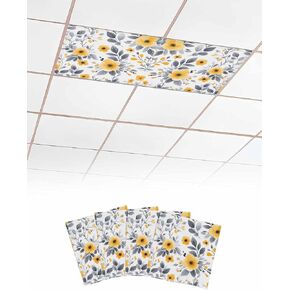 2 Pack Fluorescent Light Cover for Ceiling Lights, Yellow Grey Floral Spring Magnetic Classroom Light Filters 4x2 Feet, Summer Botanical Elegant Decorative Ceiling Shade Panel for Office