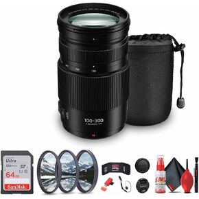 Panasonic Lumix G Vario 100-300mm f/4.5-5.6 Lens (H-FSA100300) Bundle Including: 64 GB Memory Card, 3-Piece Filter Kit, Lens Pouch, Lens Caps, Cleaning Kit, Lens Cap Keeper, Card Reader, Card Wallet