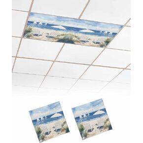 4 Pack Fluorescent Light Cover for Ceiling Lights, Coastal Wave Blue Magnetic Classroom Light Filters 4x2 Feet, Nautical Ocean Beach Sea Oil Painting Ceiling Shade Panel for Office