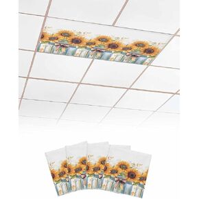 2 Pack Fluorescent Light Cover for Ceiling Lights, Summer Sunflowers Magnetic Classroom Light Filters 4x2 Feet, Spring Watercolor Floral Leaf Bow Vase Ceiling Shade Panel for Office
