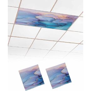 2 Pack Fluorescent Light Cover for Ceiling Lights, Marble Blue Purple Magnetic Classroom Light Filters 4x2 Feet, Modern Art Ink Painting Decorative Ceiling Shade Panel for Office