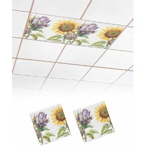 2 Pack Fluorescent Light Cover for Ceiling Lights, Sunflower Magnetic Classroom Light Filters 4x2 Feet, Shabby Chic Budding Florals Garden Plant Decorative Ceiling Shade Panel for Office