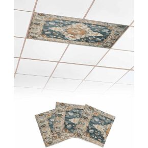 3 Pack Fluorescent Light Cover for Ceiling Lights, Green Orange Boho Magnetic Classroom Light Filters 4x2 Feet, Ethnic Vintage Southwestern Geometric Ceiling Shade Panel for Office