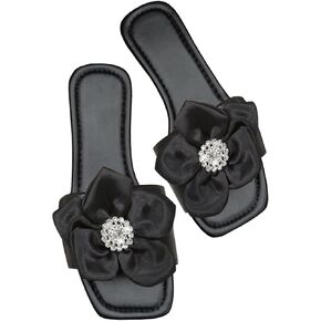 OYOANGLE Women's Rhinestone Shiny Floral Slide Sandals Square Open Toe Leather Flat Sandal