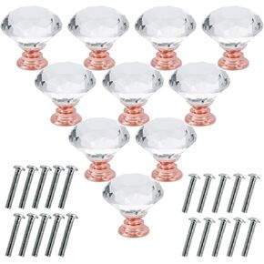 Crystal Door knobs,10 Pack Crystal Cabinet Door Wardrobe Small Handle Transparent Crystal Glass Knob .(Color:Rose Gold,Size:30mm)