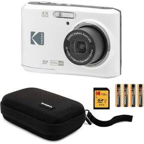 Kodak PIXPRO FZ45 Friendly Zoom Digital Camera (White) Bundle with Folding Storage Travel Case, 128GB SD Class 10 UHS-I U1 V10 Full HD Memory Card, and Procell AA (4-Pack) (4 Items)