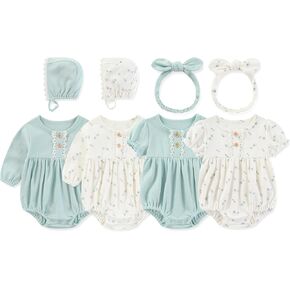 Newborn Baby Girl Clothes Cotton Bubble Rompers Infant Outfit Floral Long Short Bodysuit, 4 Pack