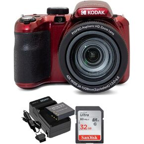 Kodak PIXPRO Astro Zoom AZ425 20MP Digital Camera (Red) Bundle with 32GB Card and Rechargeable Battery and Charger Kit (3 Items)