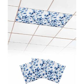 2 Pack Fluorescent Light Cover for Ceiling Lights, Watercolor Floral Magnetic Classroom Light Filters 4x2 Feet, Blue Verdant Flower Patterns Decorative Ceiling Shade Panel for Office