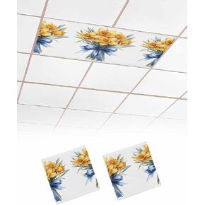 2 Pack Fluorescent Light Cover for Ceiling Lights, Yellow Spring Floral Magnetic Classroom Light Filters 4x2 Feet, Blue Bow Knot Botanical Green Decorative Ceiling Shade Panel for Office