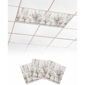 3 Pack Fluorescent Light Cover for Ceiling Lights, Botanicals Flower Magnetic Classroom Light Filters 4x2 Feet, Retro Farm Floral Rustic Wood Grain Decorative Ceiling Shade Panel for Office