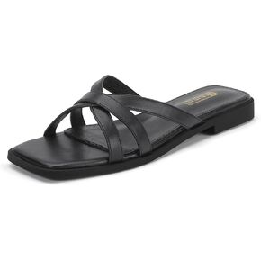 IDIFU Flat Sandals for Women Strappy Square Open Toe Summer Beach Slides Casual Work Office Wedding Ladies Dress Comfortable Dressy Formal Fashion Trendy Fancy Cute Slip On Slide Sandals