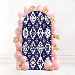 6.6FT Wedding Arch Backdrop Cover Blue White Tiles Floor lace Ceramic Cement Tiles Big Tile Center is Spandex Fitted Round Top Arch Stand Covers for Birthday Party Baby Shower Banquet Decoration