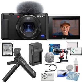 Sony ZV-1 Digital Camera | حزمة سوداء مع طقم ملحق Sony Vlogger + بطارية وشاحن + قطعة قماش تنظيف الألياف الدقيقة + إكسسوارات تنظيف 5 قطع (6 عناصر)