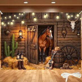 7x5FT Western Cowboy Backdrop Banner - Cowboy Horse Theme Wild West Wooden Barn Photography Background for Western Parties, Rodeo Decor, Kids Birthdays & Photo Booths with 6m Ribbon